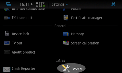 Tweakr entry in the
Settings